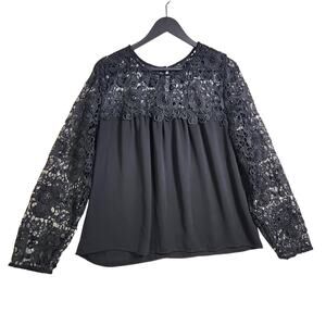 J Crew Crochet Floral Lace Swing Top XL Black Long Sleeve Witchy‎ Corporate Goth